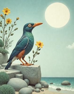 The primary subject of the image is a blue bird perched on a rock. The bird is surrounded by a variety of flowers, creating a vibrant and colorful scene. The setting is outdoors, with the bird standing on a rock in front of a moonlit sky. The visual style of the image is a combination of digital art and illustration, giving it a unique and artistic appearance. The colors and mood of the image are predominantly blue and green, with the flowers adding a touch of warmth and v